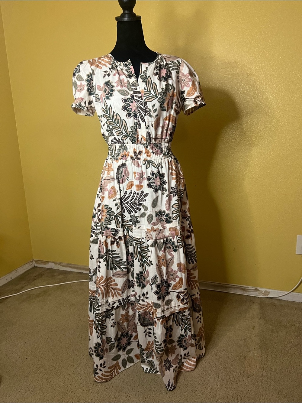Cynthia Rowley White Maxi Dress with Pink & Green Botanical Print